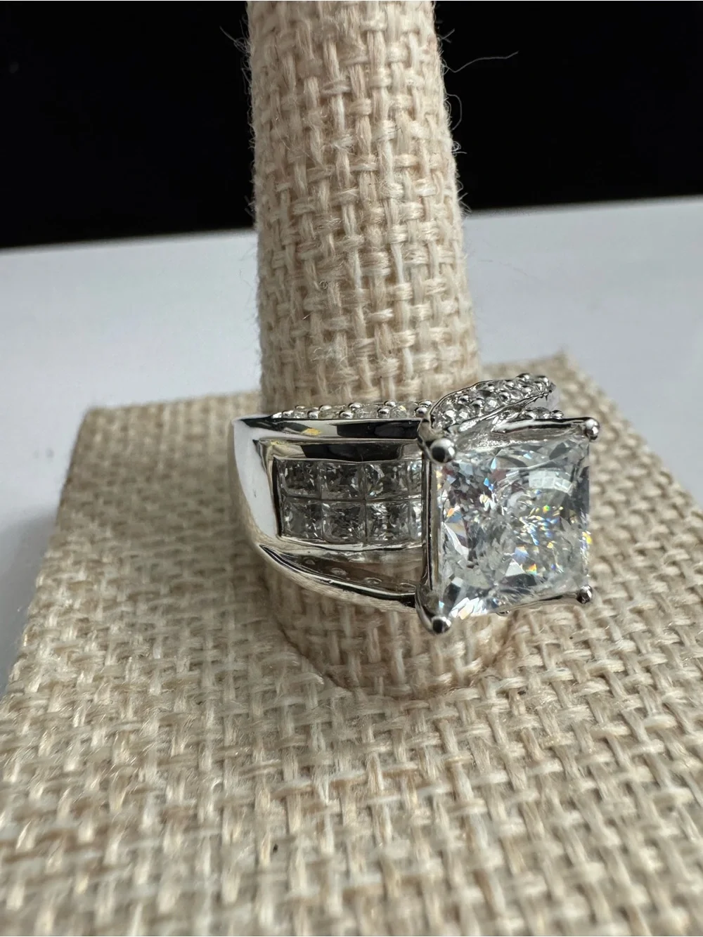 925 Silver Ring w/Large Square Cut Center CZ & sizzling CZ accents- A Statement!